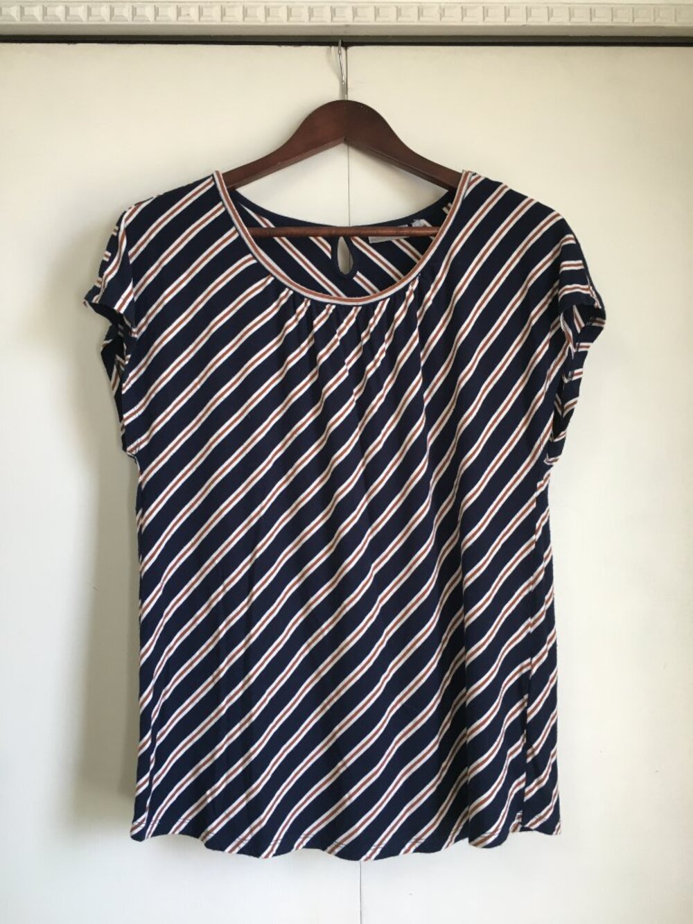 Fransa Vesunna Viscose Blue Brown Diagonal Striped Cap Sleeve Top M Euro